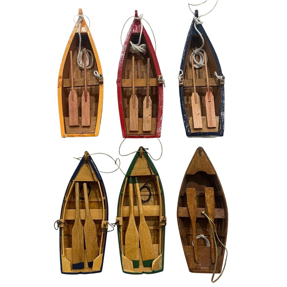 Vintage K's Collection Miniature Wooden Rowboats Set of 6 Nautical Village Decor